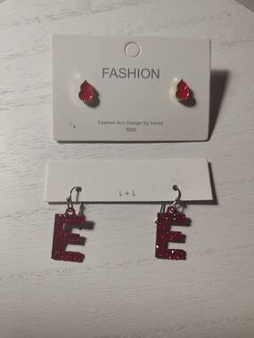 Red Teardrop Studs & Red Letter E Drop Earrings